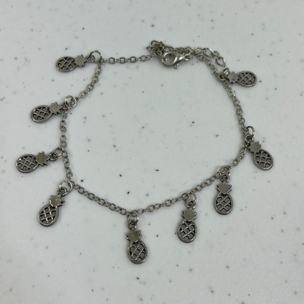 Pineapple Bracelet Anklet Silver Tone Charm Chain 10 11 Inches Thin Dangle Used,